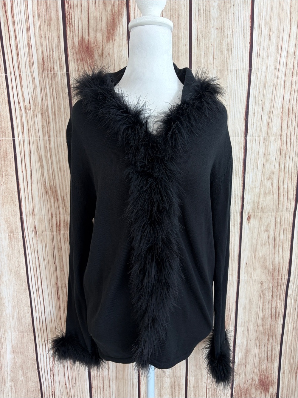 April Cornell Black Faux-Fur Trim Women's Top w/Hidden Clasps Size Medium